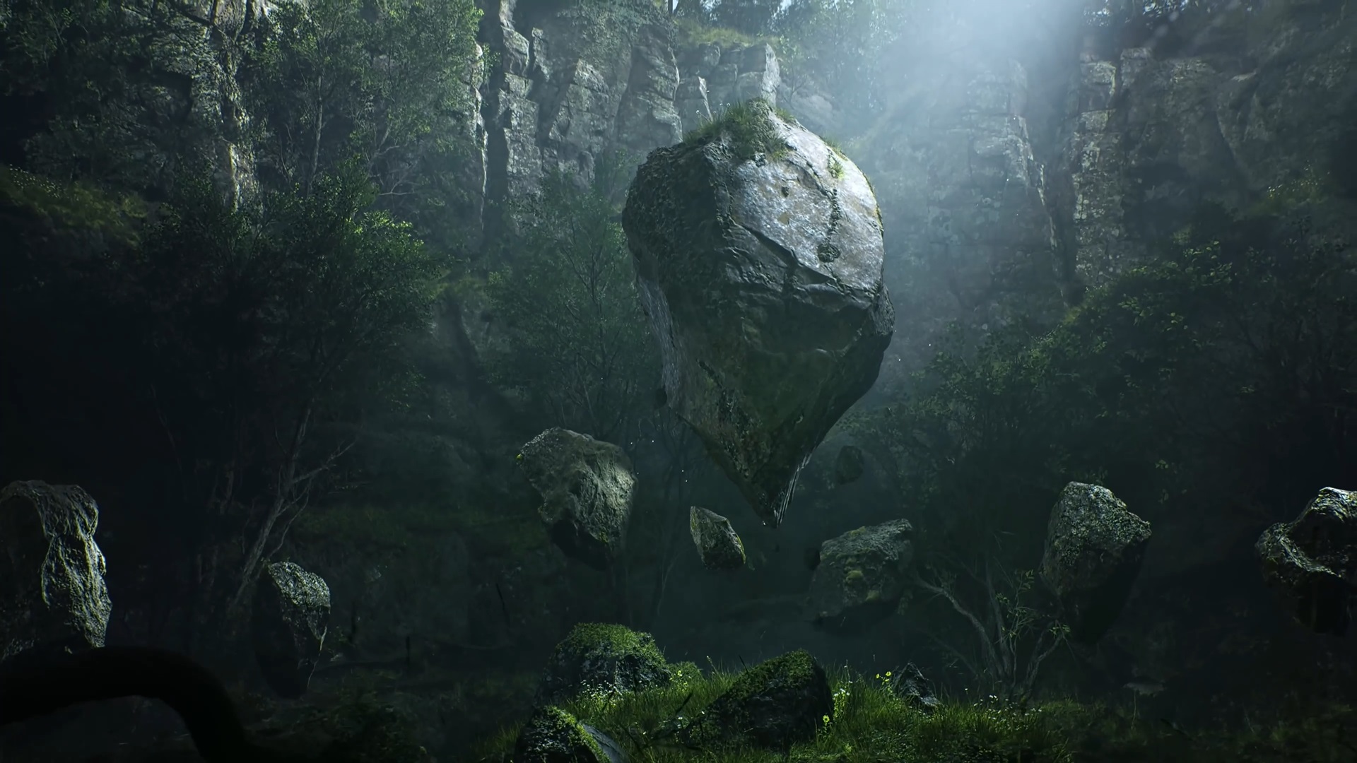 Mystical floating rock in a lush forest ravine