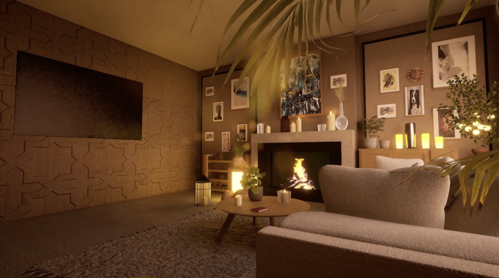 Cozy Modern Living Room with Fireplace Glow