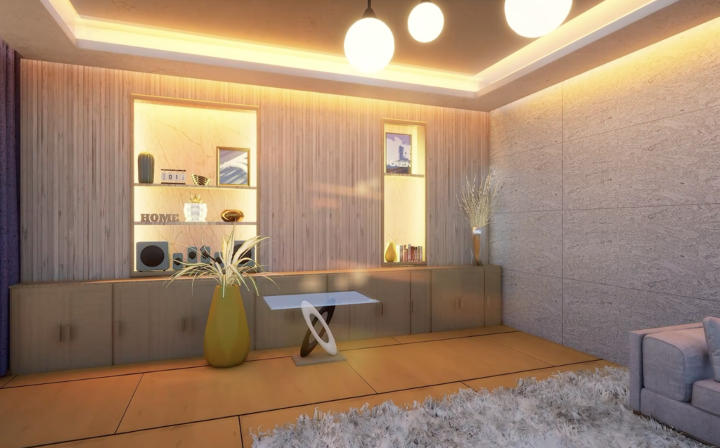 Warm Minimalist Living Room with Ambient Lighting