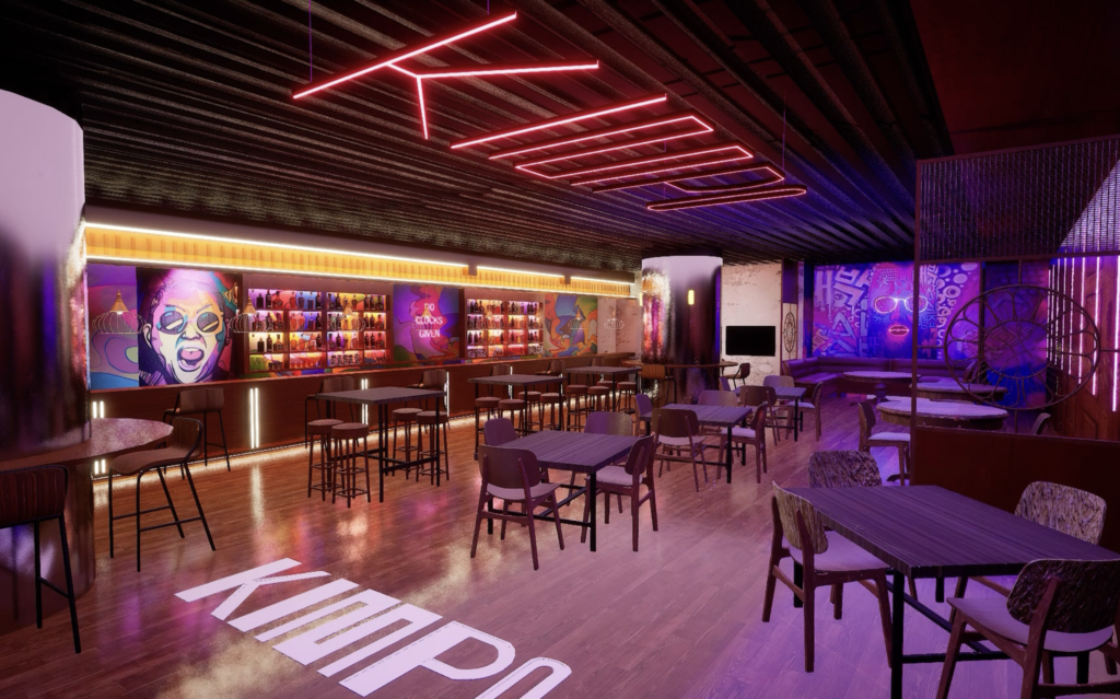 Neon-Lit Modern Lounge with Urban Nightlife Vibe