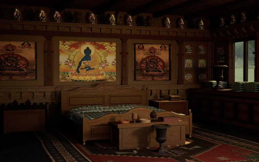Serene Tibetan-Inspired Bedroom with Sacred Art Accents