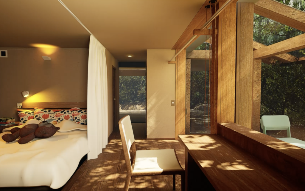 Sunlit Woodland Bedroom with Natural Wood Accents