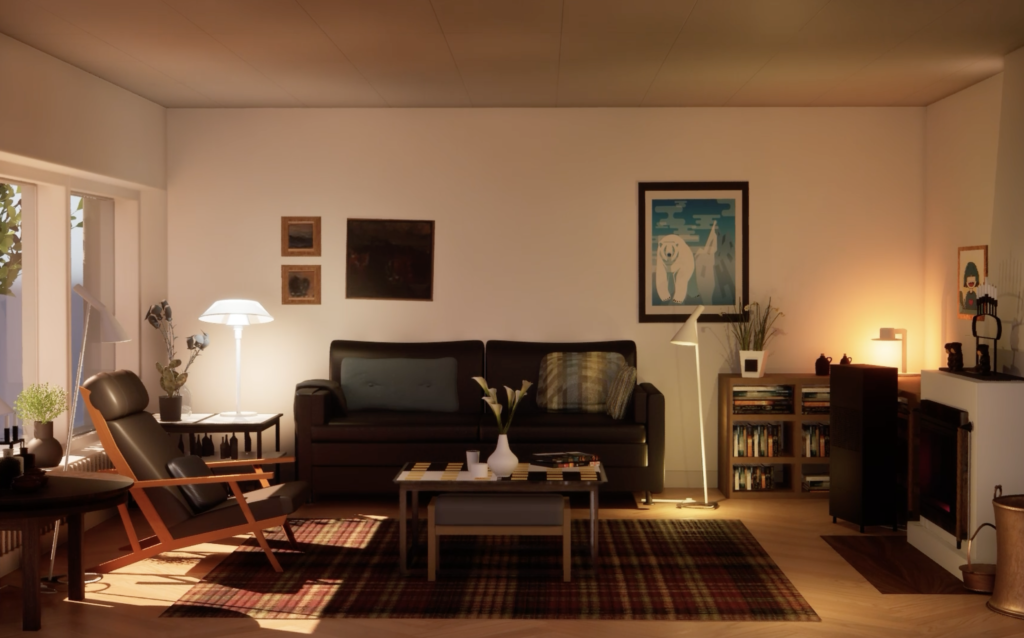 Cozy Mid-Century Living Room with Warm Evening Glow