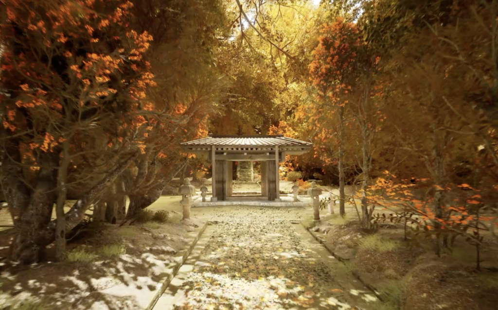 Autumn Garden Path Leading to a Serene Pavilion